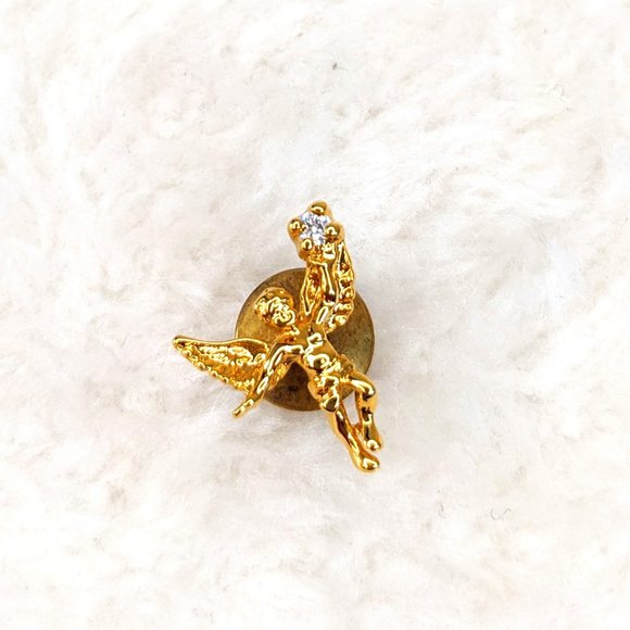 Vintage Tiny Gold Guardian Angel Pin, Holding a Tiny Diamond - Picture 1 of 3